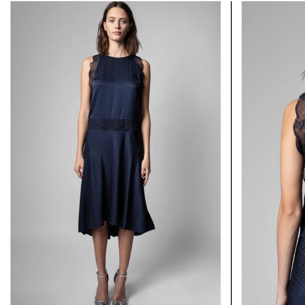 Zadig & Voltaire Navy Blue Lace-Trim Midi Dress